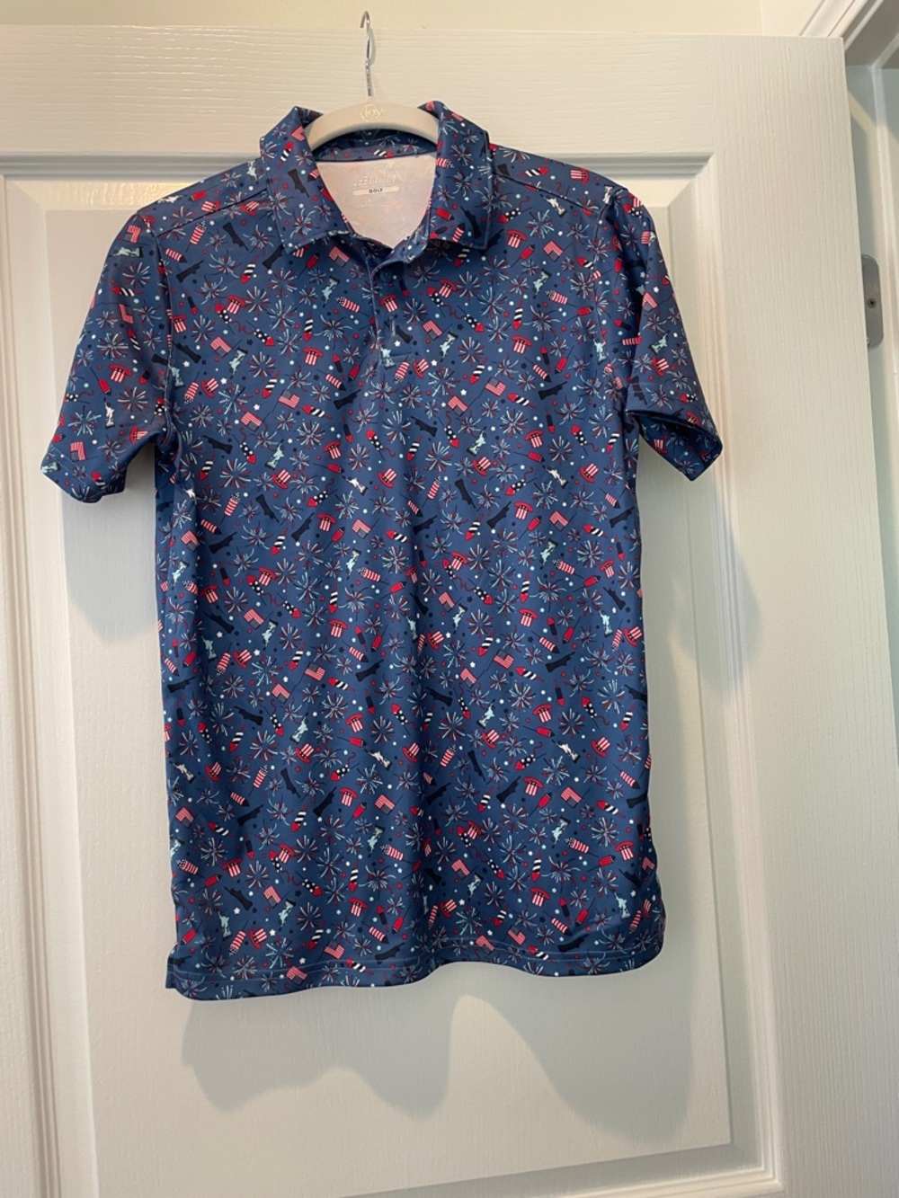 bcg Navy Blue Polo with Red and White‎ Flag Print
